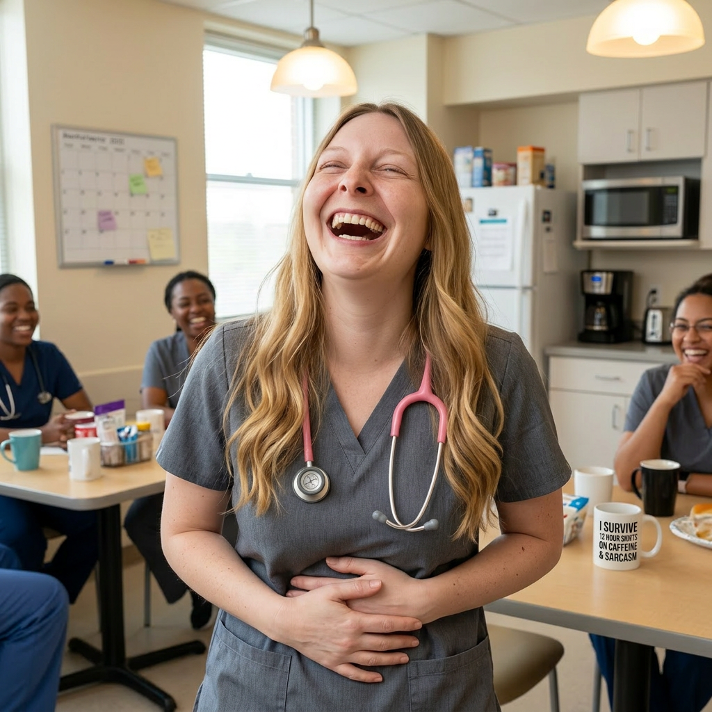 Emily in scrubs laughing hard in a hospital break room