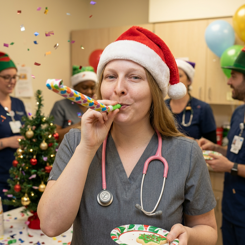 Emily in scrubs celebrating with a Santa hat and party blower