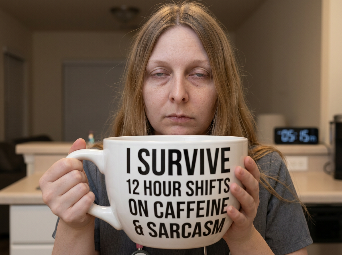 Emily holding an enormous coffee mug, half asleep at 5am
