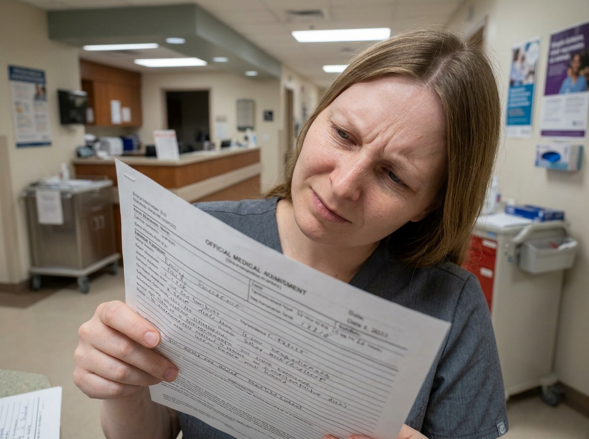 Emily squinting at a paper with messy doctor's handwriting