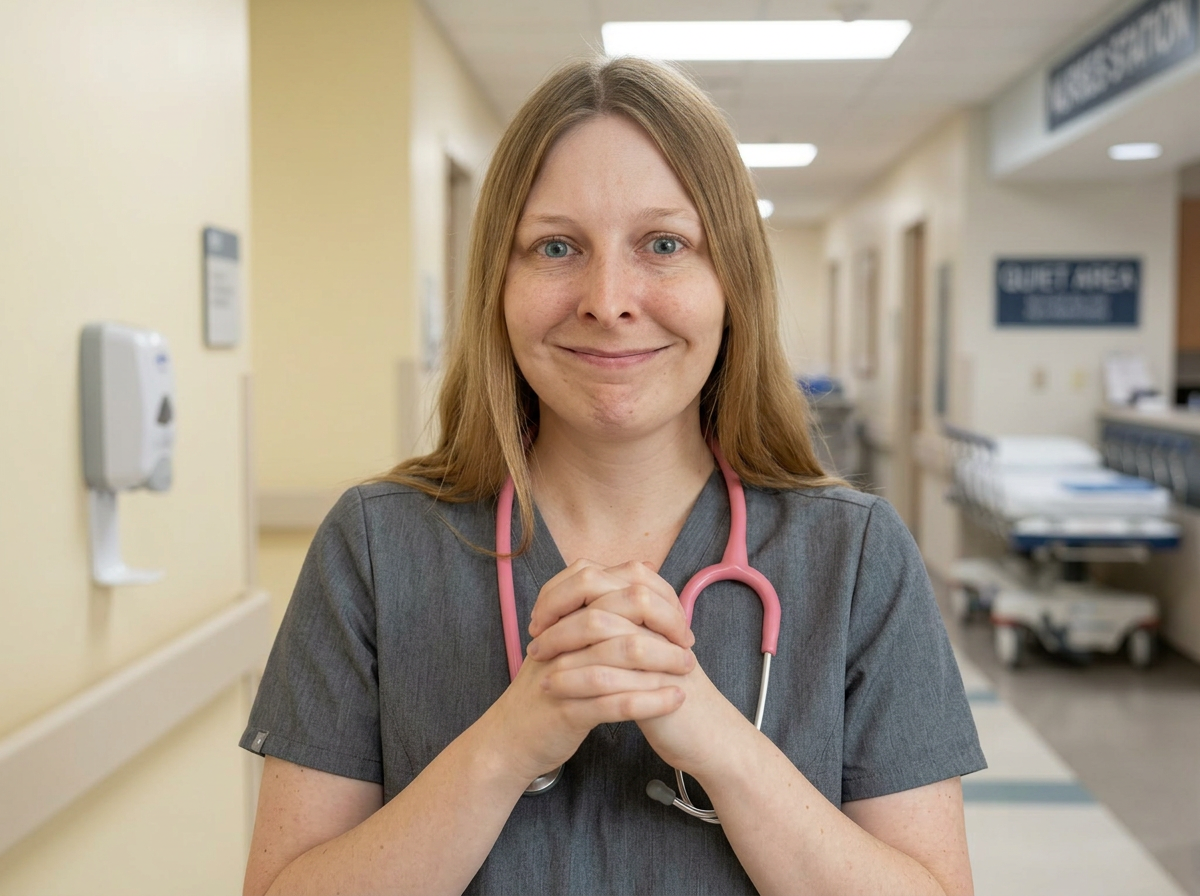 Emily in scrubs giving a tight, polite smile in a hospital hallway
