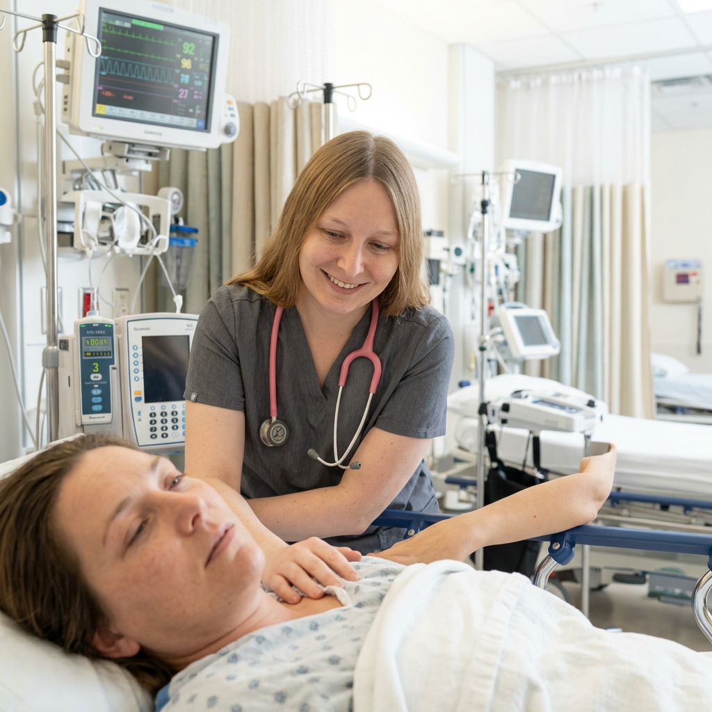 Nurse Emily leaning over a recovery bed smiling at a patient waking from anesthesia