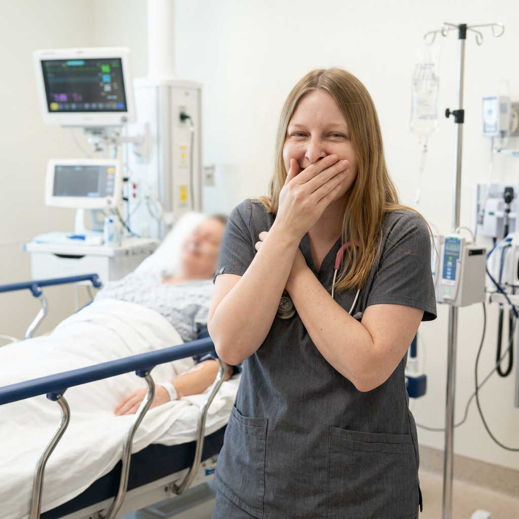 Nurse Emily holding back laughter beside a post-op patient in the recovery unit