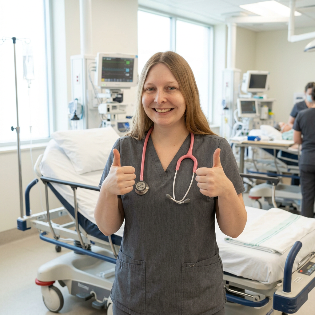 Nurse Emily giving two thumbs up in the post-anesthesia recovery unit