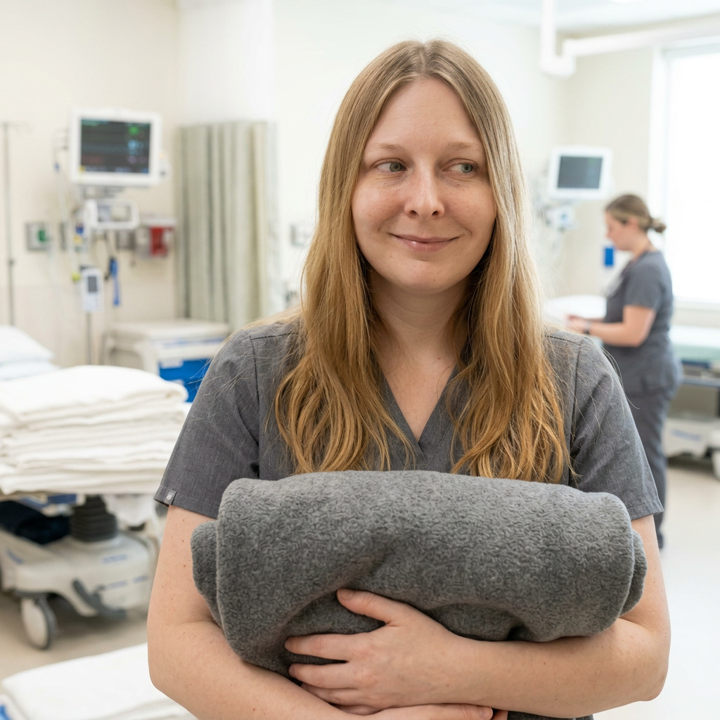 Nurse Emily holding a warm blanket with an amused expression in recovery