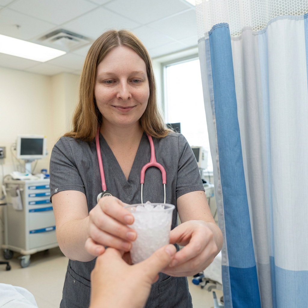 Nurse Emily handing a cup of ice chips to a patient in the recovery bay