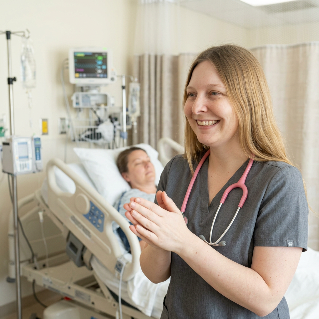 Nurse Emily clapping proudly next to a patient resting after surgery